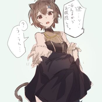 Rule 34 | 1girl, animal ears, bang dream!, bang dream! it's mygo!!!!!, black jacket, black shirt, blue background, brown hair, cosplay, hololive, jacket, kemonomimi mode, lion ears, lion girl, lion tail, long sleeves, off shoulder, open mouth, red eyes, setou (bpdne), shirt, shishiro botan, shishiro botan (cosplay), short hair, simple background, sleeveless, sleeveless shirt, solo, speech bubble, tail, takamatsu tomori, translation request, virtual youtuber