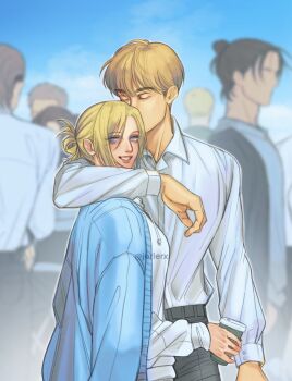 2girls 5boys annie_leonhart arm_around_shoulder armin_arlert black_pants blonde_hair blue_cardigan blue_eyes breasts brown_hair cardigan cardigan_on_shoulders closed_eyes collared_shirt connie_springer couple cow cup disposable_coffee_cup disposable_cup eren_yeager grey_hair hair_between_eyes hair_bun hetero highres holding holding_cup hood hoodie jean_kirstein jorlerx kissing_hair looking_at_another medium_breasts medium_hair multiple_boys multiple_girls pants parted_bangs parted_lips reiner_braun sasha_blouse shingeki_no_kyojin shirt shirt_tucked_in short_hair twitter_username updo white_hoodie white_shirt