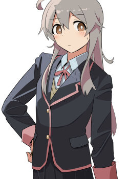 1girl :| absurdres ahoge black_jacket black_skirt brown_eyes closed_mouth commentary cowboy_shot expressionless grey_hair haida_katsuretsu hair_between_eyes highres jacket light_blush long_hair long_sleeves looking_at_viewer neck_ribbon onii-chan_wa_oshimai! oyama_mahiro red_ribbon ribbon school_uniform shirt sidelocks simple_background skirt solo white_background white_shirt wing_collar yotsuba_university_affiliated_junior_high_school_uniform