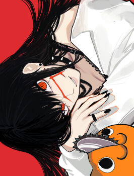 1girl absurdres aegyo_sal black_hair black_nails chainsaw chainsaw_man collar cross_scar earrings facial_scar head_rest highres jewelry lingerie long_hair looking_at_viewer off_shoulder orange_eyes parted_lips pochita_(chainsaw_man) red_background ring ringed_eyes sailen0 scar scar_on_cheek scar_on_face shirt sideways simple_background smile spiked_collar spikes stud_earrings underwear white_shirt yoru_(chainsaw_man)