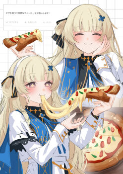 +_+ 1girl black_collar blonde_hair blue_sash blush cheese cheese_trail closed_mouth collar eating fan_request food grid_background hair_ornament hairband hand_on_own_face happy highres holding holding_food holding_pizza kuramoto_beta-carotene long_hair multiple_views no_gloves no_headwear odaibako phoebe_(wuthering_waves) pizza purple_eyes request_inset sash shirt smile translation_request white_background white_hairband white_shirt wuthering_waves x_hair_ornament