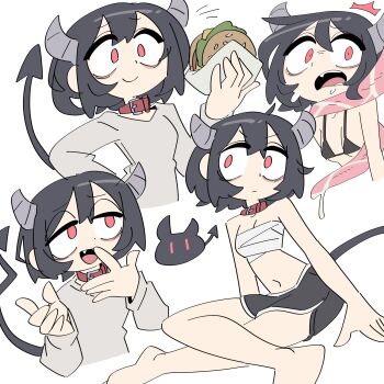 1girl armedrabbit bare_legs black_hair collar demon_tail food highres horns open_mouth original red_eyes short_hair tail