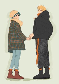 Rule 34 | 2boys, 5mll3, alternate costume, bakugou katsuki, beanie, black boots, black jacket, blue pants, boku no hero academia, boots, brown boots, coat, denim, down jacket, drop shadow, full body, green eyes, grey pants, hat, jacket, jeans, looking back, looking to the side, male focus, midoriya izuku, multiple boys, orange shirt, pants, plaid clothes, plaid coat, red eyes, shirt, simple background, standing, turtleneck, yaoi