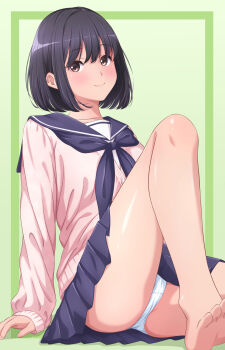 1girl akippoi_0919 arm_support bare_legs black_hair blue_sailor_collar blush brown_eyes cardigan commentary_request glasses green_background highres knee_up long_sleeves looking_at_viewer original panties pink_cardigan sailor_collar school_uniform short_hair sitting smile soles toes underwear white_panties