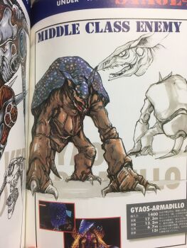 1boy 1girl aircraft all_fours artist_request bc-22 black_hair brown_hair concept_art cyborg daiei_digital_entertainment daiei_film directed-energy_weapon energy_gun energy_weapon english_text floating floating_object flying gamera_(series) gamera_2000 giant giant_monster green_eyes gun gyaos gyaos-armadillo handgun highres hover_bike jack_morton kaiju levitation mecha military military_uniform military_vehicle mixed-language_text monster mukunoki_lisa_(gamera) no_humans official_art open_mouth pistol pulse_gun_(gamera) quicksilver_(gamera) ranguage robot sharp_teeth slit_pupils surveyor_corp. tail teeth tongue translation_request virgin_interactive weapon