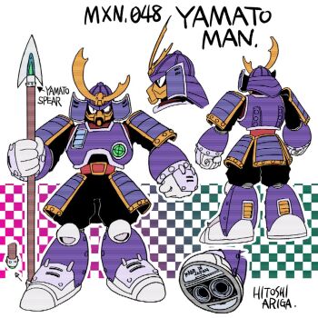 1boy android ariga_hitoshi armor artist_name belt belt_buckle black_bodysuit black_eyes bodysuit boots buckle character_name reference_sheet checkered_background chest_armor clenched_hands commentary_request concept_art crescent green_background english_text fake_horns from_behind from_side full_armor full_body gauntlets gem gloves gradient_background green_background green_gemstone helmet highres holding holding_polearm holding_weapon horned_helmet horns japanese_armor kabuto_(helmet) knee_boots kusazuri looking_ahead looking_at_viewer made_in_japan male_focus mega_man_(classic) mega_man_(series) mega_man_6 mega_man_megamix multiple_views no_humans pink_background polearm portrait profile purple_armor purple_footwear red_belt robot scanlines shoe_soles shoulder_armor simple_background sode spear standing straight-on turnaround weapon white_background white_gloves yamato_man