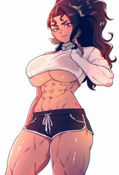 1girl abs absurdres big_hair black_hair black_shorts blush breasts cleavage commentary_request crop_top cropped_shirt dark-skinned_female dark_skin dolphin_shorts drawstring earrings hair_ornament hand_on_own_neck highres italian_commentary jewelry large_breasts long_hair looking_at_viewer midriff muscular muscular_female navel obliques overwatch ponytail red_eyes shirt short_shorts shorts simple_background single_bare_arm single_sleeve single_sleeve_past_wrist skindentation solo spoiledmuffin stomach thick_thighs thighs tied_drawstring turtleneck turtleneck_shirt underboob uneven_eyes vendetta_(overwatch) white_background