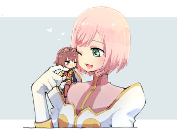 Rule 34 | 2girls, ;d, azuma yukihiko, blush, brown hair, chibi, chibi on shoulder, closed mouth, commentary request, cropped torso, estellise sidos heurassein, gloves, goggles, goggles on head, green eyes, heart, highres, long sleeves, looking at another, multiple girls, one eye closed, open mouth, pink hair, rita mordio, short hair, simple background, smile, tales of (series), tales of vesperia, white gloves, yuri