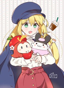 1girl apple artist_self-insert artoria_caster_(fate) artoria_caster_(fgo_x_lawson_2023)_(fate) artoria_pendragon_(fate) blonde_hair blouse blue_cape blue_hat blush cape crossover cup disposable_cup drinking_straw eating fate/grand_order fate_(series) food fruit fuecoco green_eyes hat holding holding_food long_hair nintendo official_alternate_costume open_mouth pokemon pokemon_(creature) red_skirt shirt skirt tsuchiya_madose twintails white_shirt
