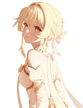 Rule 34 | 1girl, backless dress, backless outfit, bare shoulders, blonde hair, bow, braid, breasts, commentary request, detached sleeves, dress, flower, from side, genshin impact, grin, hair between eyes, hair bow, hair flower, hair intakes, hair ornament, highres, long sleeves, looking at viewer, lumine (as heaven and earth are made anew) (genshin impact), lumine (genshin impact), medium breasts, official alternate costume, short hair with long locks, simple background, smile, solo, tomato (toma 17 1129), upper body, white background, white bow, white dress, white flower, yellow eyes