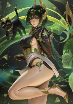 1girl black_gloves breasts cat claws elbow_gloves eye_tattoo genshin_impact gloves gold green_background green_eyes green_hair high_heels highres leg_up legs mark_under_eye medium_breasts mole mole_under_eye nefer_(genshin_impact) sciamano240 short_hair sideboob solo symbol-shaped_pupils tattoo thighs triangle-shaped_pupils