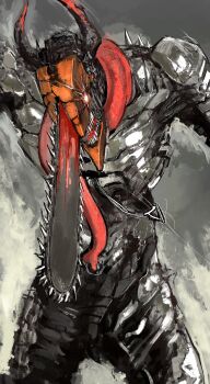 1boy absurdres blood bloody_weapon bright_pupils chainsaw chainsaw_devil chainsaw_man cowboy_shot demon demon_horns denji_(chainsaw_man) grey_background highres horns intestine_clothing intestines kyezzzz pull_cord sharp_teeth solo teeth weapon