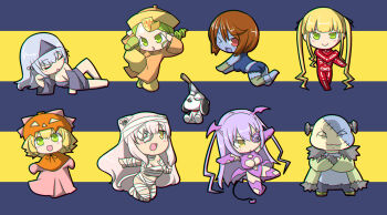 1boy 2channel 6+girls barasuishou black_kimono blonde_hair blue_shirt blue_shorts breasts brown_hair chibi cleavage closed_eyes commentary_request cosplay demon_costume dress exposed_muscle flower_eyepatch frankenstein&#039;s_monster frankenstein&#039;s_monster_(cosplay) full_body green_eyes green_hair halloween hat highres hinaichigo itini-sanshi japanese_clothes jiangshi_costume kanaria kimono kirakishou large_breasts leotard long_hair looking_at_viewer multiple_girls mummy_costume object_through_head one_eye_closed open_mouth orange_dress pink_dress pumpkin_costume purple_hair purple_leotard rozen_maiden screw_in_head shinku shirt short_hair shorts smile souseiseki suigintou triangular_headpiece yellow_eyes yellow_hat zombie_costume