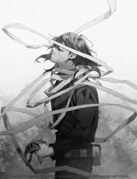 Rule 34 | 1boy, aizawa shota, bandages, boku no hero academia, commentary request, crying, facial hair, highres, long hair, long scarf, male focus, messy hair, monochrome, mustache stubble, onc ooo, scarf, solo, stubble, vigilante -boku no hero academia: illegals-