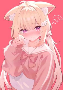 Rule 34 | 1girl, absurdres, ahoge, animal ear fluff, animal ears, arm at side, blonde hair, blush, bow, chiffon (vrchat), closed mouth, collar, collarbone, collared shirt, commentary, curled fingers, dot nose, flat chest, full-face blush, hair between eyes, hair bow, hair intakes, hair ornament, hand up, highres, kagura nagi, long hair, long sleeves, looking at viewer, pink bow, pink eyes, pink shirt, pink sleeves, red background, sailor collar, shirt, shirt bow, sidelocks, simple background, solo, swirl, twintails, upper body, vrchat, white sailor collar, wing hair ornament