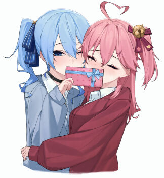 Rule 34 | 2girls, ahoge, bell, black bow, black choker, blue eyes, blue hair, blue ribbon, blue sweater, book, bow, box, choker, closed eyes, collared shirt, covering another's mouth, covering own mouth, derivative work, expressive hair, gift, gift box, hair bell, hair between eyes, hair bow, hair ornament, hair ribbon, hand up, heart, heart ahoge, holding, holding book, hololive, hoshimachi suisei, hug, long hair, long sleeves, multiple girls, one eye closed, one side up, pink hair, raeis, red sweater, ribbon, sakura miko, shirt, sleeves past wrists, sweater, thighhighs, valentine, vector trace, virtual youtuber, white shirt