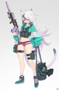 19vodnik 1girl absurdres ammunition_pouch animal_ear_fluff animal_ears ankle_socks artist_name assault_rifle backpack bag black_bag black_choker black_hair black_shoes black_tail blue_jacket blue_shirt buckle bulletproof_vest cat_ears cat_tail choker commentary crop_top cropped_shirt fang flashlight fn_scar_16 full_body goggles gun hair_between_eyes handgun helmet high_tops highres holding holding_bag holding_gun holding_weapon holster holstered jacket knife knife_sheath long_hair midriff multicolored_hair navel night_vision_device open_clothes open_jacket original panties pink_eyes pink_panties pouch rifle scope sheath shirt shoes short_sleeves sidelocks simple_background snap-fit_buckle sneakers socks solo sticker suppressor sweat symbol-only_commentary tail thigh_holster thigh_strap thighs two-tone_hair two-tone_tail underwear unworn_backpack unworn_bag very_long_hair weapon white_background white_hair white_socks white_tail