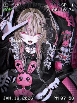 1girl alternate_costume arm_up artist_name black_bow black_headdress black_jacket black_nails black_thighhighs blonde_hair bow choker dated fangs fishnet_thighhighs fishnets frilled_headwear hair_between_eyes hair_intakes highres jacket jewelry long_hair long_sleeves makaino_ririmu multicolored_hair multiple_rings nijisanji open_mouth pink_bow pink_eyes ring smile solo spiked_choker spikes streaked_hair stuffed_animal stuffed_rabbit stuffed_toy thigh_strap thighhighs two_side_up v virtual_youtuber xdoxa89