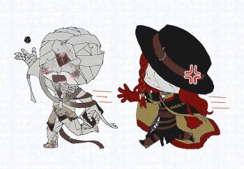 2boys aleph_(reverse:1999) anger_vein arm_up bandaged_hand bandaged_head bandages black_boots black_cape black_hat black_jacket black_pants boots cape chasing chibi covered_eyes covered_face cracked_mask dice dual_persona gloves hat jacket long_hair merlin_(reverse:1999) multiple_boys outstretched_arm pants polyhedral_dice red_gloves red_hair reverse:1999 running shirt the_idealist_(reverse:1999) white_background white_mask white_pants white_shirt xjsbca