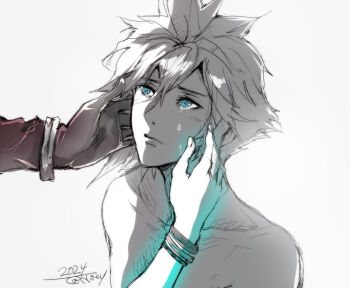 1girl 2024 2boys aerith_gainsborough bangle black_coat black_gloves blue_eyes bracelet cloud_strife coat final_fantasy final_fantasy_vii final_fantasy_vii_rebirth final_fantasy_vii_remake gloves hair_between_eyes hand_on_another&#039;s_cheek hand_on_another&#039;s_face herzloserengel jewelry light_blush male_focus multiple_boys sephiroth short_hair sketch tears topless_male twitter_username