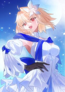 1girl 2022mmk :d ahoge arcueid_brunestud arcueid_brunestud_(mooncancer) bad_tag bare_shoulders black_gloves blonde_hair blue_bow blue_moon blue_ribbon blush bow breasts cleavage detached_sleeves dress dress_bow fate/grand_order fate_(series) floating_hair full_moon gloves gold_trim hair_between_eyes hair_intakes hands_on_own_hips head_tilt highres moon night open_mouth petals red_eyes ribbon short_hair smile solo_focus wavy_hair white_dress