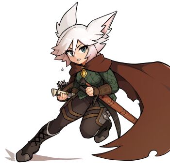 1girl animal_ears black_boots black_pants boots breasts brown_cape cape commentary commission double-parted_bangs english_commentary full_body green_eyes green_shirt hair_between_eyes highres knee_boots long_sleeves looking_at_viewer medium_breasts oninuer original pants parted_lips scabbard sheath sheathed shirt short_hair simple_background solo sword weapon white_background white_hair