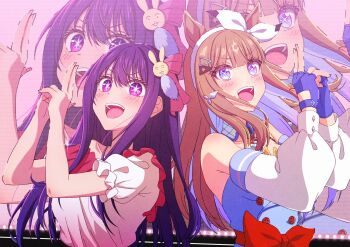 2girls almond_eye_(umamusume) animal_ears anime_coloring black_gloves blunt_bangs bow colored_inner_hair commentary crossover dancing detached_collar detached_sleeves gloves hair_between_eyes hair_bow hair_ornament highres horse_ears horse_girl hoshino_ai idol jewelry long_hair long_sleeves masaki_(masaki_470) multicolored_hair multiple_girls music name_connection oshi_no_ko pendant pink_bow puffy_long_sleeves puffy_short_sleeves puffy_sleeves purple_eyes purple_hair rabbit_hair_ornament screen short_sleeves singing stage star_(symbol) star_in_eye symbol_in_eye teeth trait_connection umamusume upper_body upper_teeth_only waist_bow white_bow wing_collar