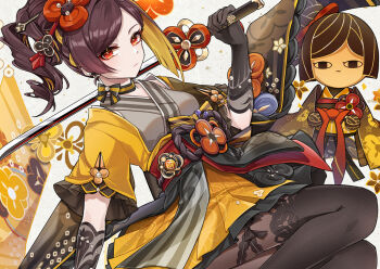 asymmetrical_sidelocks chiori_(genshin_impact) choker drill_hair drill_ponytail genshin_impact geo_symbol_(genshin_impact) grey_kimono hair_ornament hair_stick haori japanese_clothes kimono lily030988 red_sash ribbon_choker sash short_kimono sidelocks skirt tamoto_(genshin_impact) two-tone_legwear vision_(genshin_impact) yellow_kimono yellow_skirt