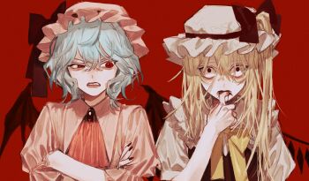 2girls alternate_hair_length alternate_hairstyle ascot bat_wings biting black_eyes blonde_hair blue_hair bow bowtie collared_dress collared_shirt crazy crossed_arms crystal_wings dress fingernails flandre_scarlet frills gem hair_between_eyes hair_bow hand_up hat highres lips long_fingernails long_hair looking_at_another looking_at_viewer mob_cap multiple_girls one_side_up open_mouth pinafore_dress pink_ascot pink_dress pink_hat puffy_short_sleeves puffy_sleeves red_background red_bow red_dress red_eyes red_gemstone red_nails remilia_scarlet sharp_teeth shirt short_hair short_sleeves siblings sidelocks simple_background sisters sleeveless sleeveless_dress teeth temu_(tem27) touhou upper_body v-shaped_eyebrows white_hat white_shirt wings yellow_bow yellow_bowtie