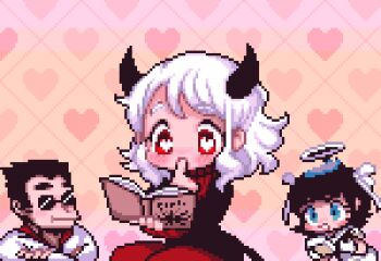 ... 1boy 2girls :t animated animated_gif azazel_(helltaker) black_hair blue_eyes blush book christy_frisby crossed_arms demon_horns demon_tail full-face_blush halo heart heart-shaped_pupils heart_background helltaker helltaker_(character) holding holding_book horns medium_hair modeus_(helltaker) multiple_girls open_mouth pixel_art reading red_eyes red_legwear round_eyewear spoken_ellipsis sunglasses symbol-shaped_pupils tail white_hair