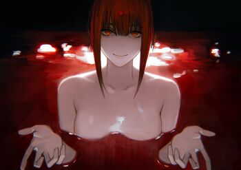 1girl beckoning blood breasts chainsaw_man collarbone commentary completely_nude large_breasts looking_at_viewer makima_(chainsaw_man) nude orange_eyes partially_submerged pool_of_blood red_hair ringed_eyes scene_reference shaded_face sidelocks smile solo solraka upper_body