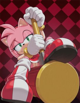2025 abstract_background amy_rose bare_legs boots bracelet dress eyelashes fat_mons flashing flashing_pussy furry gloves green_eyes groin hair_ornament hairband half-closed_eyes hammer hedgehog highres jewelry legs looking_at_viewer narrowed_eyes no_panties pink_hair pussy red_dress saransaran sega shoes short_hair sitting smile solo sonic_(series) sonic_frontiers toy_hammer