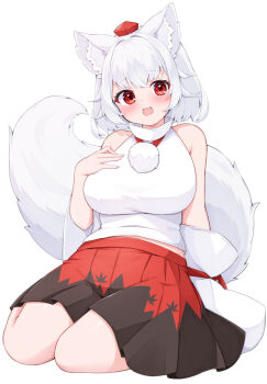 1girl :d animal_ear_fluff animal_ears bare_shoulders black_skirt blush breasts commentary_request detached_sleeves fang full_body hair_intakes hand_on_own_chest hat inubashiri_momiji large_breasts open_mouth pleated_skirt pom_pom_(clothes) red_eyes red_hat red_skirt rururiaru shirt short_hair simple_background skirt sleeveless sleeveless_shirt smile solo tail tokin_hat touhou two-tone_skirt white_background white_hair white_shirt white_sleeves wolf_ears wolf_girl wolf_tail