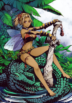 1girl alligator armband barefoot bikini blonde_hair breasts cleavage collar crocodile crocodilian dark-skinned_female dark_skin fairy feet female_focus hand_on_hilt jungle nature orange_bikini orange_eyes original pointy_ears red_eyes short_hair side-tie_bikini_bottom sitting solo swimsuit sword thigh_strap torigoe_takumi weapon wings