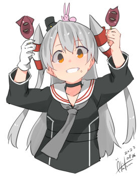 Rule 34 | 1girl, absurdres, amatsukaze (kancolle), dress, food, gloves, grey dress, grey neckerchief, hair tubes, highres, holding, holding food, inica, kantai collection, long hair, neckerchief, sailor collar, sailor dress, twintails, white gloves, white hair, white sailor collar, yellow eyes