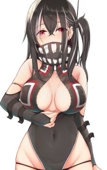 1girl azur_lane bad_id bad_pixiv_id black_hair black_one-piece_swimsuit black_panties breasts cross female_focus hair_between_eyes iron_cross large_breasts long_hair looking_at_viewer multicolored_hair one-piece_swimsuit one_side_up panties pulling red_eyes simple_background solo streaked_hair suisen_toire_(moko924) swimsuit u-47_(azur_lane) underwear white_background zipper