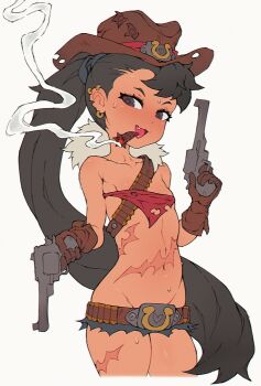 1girl black_hair breasts bullet cigar cigarette cowboy_hat gun handgun hat loli long_hair ponytail poruboto revolver small_breasts solo weapon