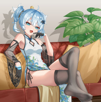 1girl absurdres blue_eyes blue_hair china_dress chinese_clothes couch crossed_legs dongyun_hua dress feet highres long_hair looking_at_viewer open_mouth see-through_clothes see-through_legwear soles toes twintails wuthering_waves youhu_(wuthering_waves)