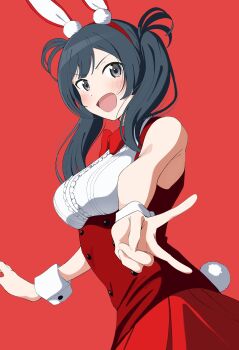 1girl :d absurdres animal_ear_hairband animal_ears bare_shoulders black_hair bow bowtie breasts fake_animal_ears fake_tail grey_eyes hairband highres looking_at_viewer love_live! love_live!_nijigasaki_high_school_idol_club medium_breasts open_mouth rabbit_ear_hairband rabbit_ears rabbit_tail red_background red_bow red_bowtie red_vest shirt simple_background sleeveless sleeveless_shirt smile solo tail traditional_bowtie twintails uchuu_no_mozuku underbust v v-shaped_eyebrows vest white_shirt yuki_setsuna