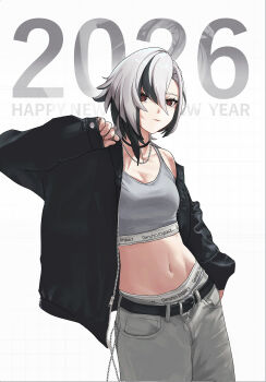 1girl 2026 absurdres aoba_ao arlecchino_(genshin_impact) belt black_belt black_hair black_jacket breasts casual cleavage closed_mouth commentary copyright_name cowboy_shot english_commentary expressionless genshin_impact grey_panties grey_pants grey_sports_bra grid_background hair_between_eyes hand_up happy_new_year highres jacket jewelry looking_at_viewer medium_breasts midriff multicolored_hair navel necklace new_year open_clothes open_jacket panties pants panty_peek red_pupils simple_background single_bare_shoulder single_off_shoulder solo sports_bra symbol-shaped_pupils two-tone_hair underwear white_hair x-shaped_pupils zipper_pull_tab