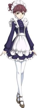 1girl brown_eyes brown_hair brown_shoes full_body habara_arisa highres iwamoto_tatsurou maid maid_headdress official_art pantyhose shin_megami_tensei shin_megami_tensei:_liberation_dx2 shoes simple_background solo standing third-party_source transparent_background white_pantyhose