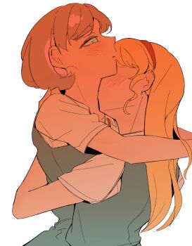 2girls arms_around_neck blonde_hair blush dress ear_blush grey_dress grey_hair hairband heanna_sumire highres hug kiss kissing_neck long_hair love_live! love_live!_superstar!! monchin multiple_girls pinafore_dress pink_streaks red_hairband school_uniform shirt short_hair sleeveless sleeveless_dress tang_keke white_shirt yuigaoka_school_uniform yuri