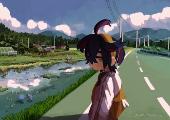 Rule 34 | 1boy, black hair, blue sky, building, cloud, crossed bangs, day, gen 2 pokemon, grass, greenhouse, hair between eyes, hairband, highres, jacket, kieran (pokemon), looking at viewer, male focus, mole, mole on neck, mountain, nintendo, orange bag, orange eyes, orange hairband, outdoors, parted lips, pokemon, pokemon (creature), pokemon sv, power lines, purple hair, reflection, reflective liquid, river, road, sara (yeahx2wowx2), sky, tree, twitter username, white jacket, wooper, yanma