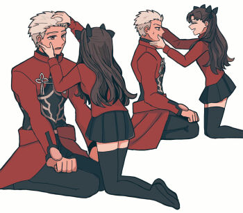 1boy 1girl archer_(fate) arms_up black_hair black_skirt black_thighhighs breasts brown_eyes closed_eyes commentary_request dark-skinned_male dark_skin fate/stay_night fate_(series) hand_on_another&#039;s_cheek hand_on_another&#039;s_face hand_on_another&#039;s_head highres kneeling medium_breasts miniskirt no_shoes ohmoto_9 open_mouth seiza sitting skirt smile sweatdrop thighhighs tohsaka_rin two_side_up white_hair zettai_ryouiki