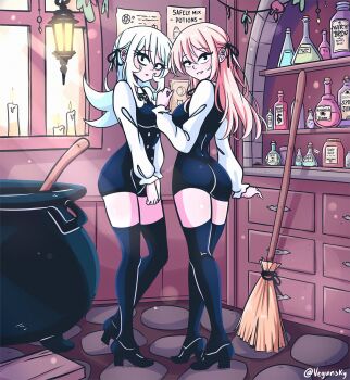 2girls black_bow black_dress black_eyeshadow black_shoes black_thighhighs blue_hair bottle bow broom candle cauldron cobblestone commentary cork drawer dress english_commentary english_text eyeshadow flask hair_bow heel_up high_heels highres indoors jar ladle lamp long_hair long_sleeves looking_at_viewer makeup miniskirt multiple_girls original pink_hair poster_(object) potion shirt shoes sidelocks skirt smile standing stone_floor thighhighs tight_clothes twitter_username vewuinsky white_shirt window zettai_ryouiki
