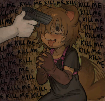 1girl 1other @_@ animal_ears bad_tag black_shirt blush brown_hair chest_harness cowboy_shot dog_ears dog_girl dog_tail fang fingerless_gloves gloves gun gun_to_head hair_over_one_eye harness highres holding holding_gun holding_weapon imminent_death my_name_is_your_choice open_mouth original own_hands_together saliva shirt short_hair snugglepuff28 sweatdrop tail tears tongue tongue_out weapon
