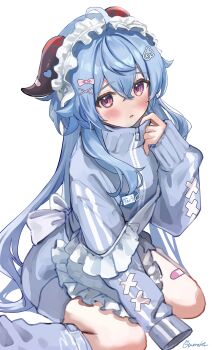 1girl absurdres ahoge amaneko_(amaneko_y) apron bandaid bandaid_on_thigh blue_hair blue_jacket bow ganyu_(genshin_impact) genshin_impact goat_horns hair_between_eyes hair_bow hair_ornament heart highres horns jacket jersey_maid long_hair long_sleeves maid maid_apron maid_headdress pink_bow purple_eyes simple_background sitting solo track_jacket unconventional_maid wariza white_background wing_hair_ornament x_hair_ornament