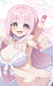 Rule 34 | 1girl, angel wings, bikini, blue archive, breasts, choker, cleavage, feathered wings, fingernails, frilled bikini, frills, halo, heart, highres, keureu (tiqkdtiqkd10), large breasts, long fingernails, looking at viewer, low wings, mika (blue archive), mika (swimsuit) (blue archive), nail polish, official alternate costume, pink hair, pink halo, pink nails, pointing, solo, swimsuit, white bikini, white choker, white wings, wings