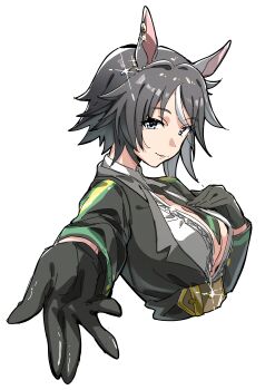 1girl absurdres ahoge animal_ears belt black_gloves black_hair black_jacket black_necktie blue_eyes breasts brown_belt center_frills center_opening collared_shirt commentary_request cropped_torso frilled_shirt frills fuji_kiseki_(shooting_star_revue)_(umamusume) fuji_kiseki_(umamusume) gloves highres horse_ears horse_girl jacket long_sleeves looking_at_viewer multicolored_hair necktie no_bra ohayonabeno parted_lips shirt short_hair simple_background smile solo umamusume white_background white_shirt