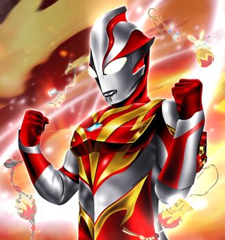 Rule 34 | 1boy, alien, animal charm, arm guards, charm (object), clenched hands, collarbone, color timer, colored skin, commentary, compound eyes, dorsal fin, fang, fiery background, fire, giant, giant male, glowing, glowing eyes, gold trim, hands up, hanejidyna86, highres, jewelry, looking down, male focus, mebius brace, multicolored skin, muscular, muscular male, no pupils, pectorals, pendant, red skin, silver skin, solo, standing, tokusatsu, twitter username, two-tone skin, ultra series, ultraman mebius, ultraman mebius (mebius burning brave), ultraman mebius (series), upper body, white eyes, wrinkled skin